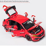 Red Honda Civic Type R model car with open doors and hood on a white background