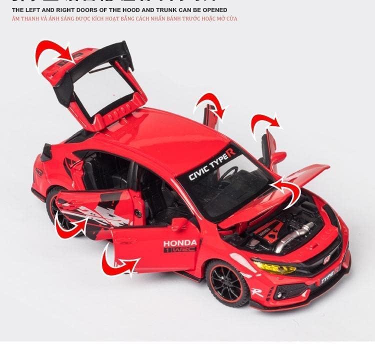 Red Honda Civic Type R model car with open doors and hood on a white background
