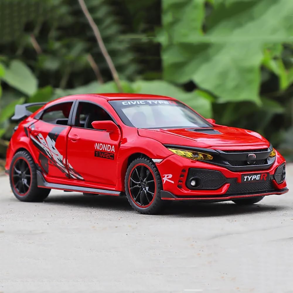Red Honda Civic Type R model car on a road with green foliage in the background