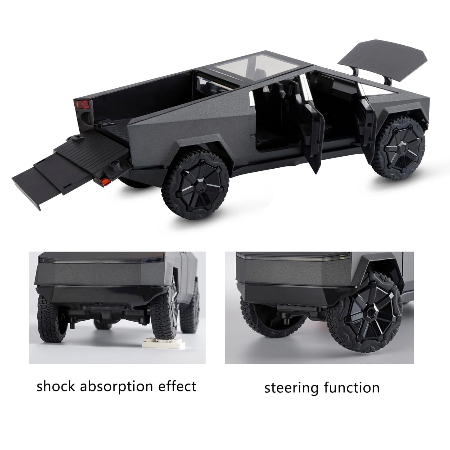 Model of a black pickup truck with open doors and a flatbed, showing shock absorption and steering functions.