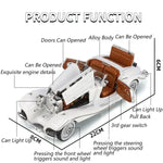 Model car with labeled features on a white background