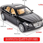 Black model car with measurements and product safety information on a white background