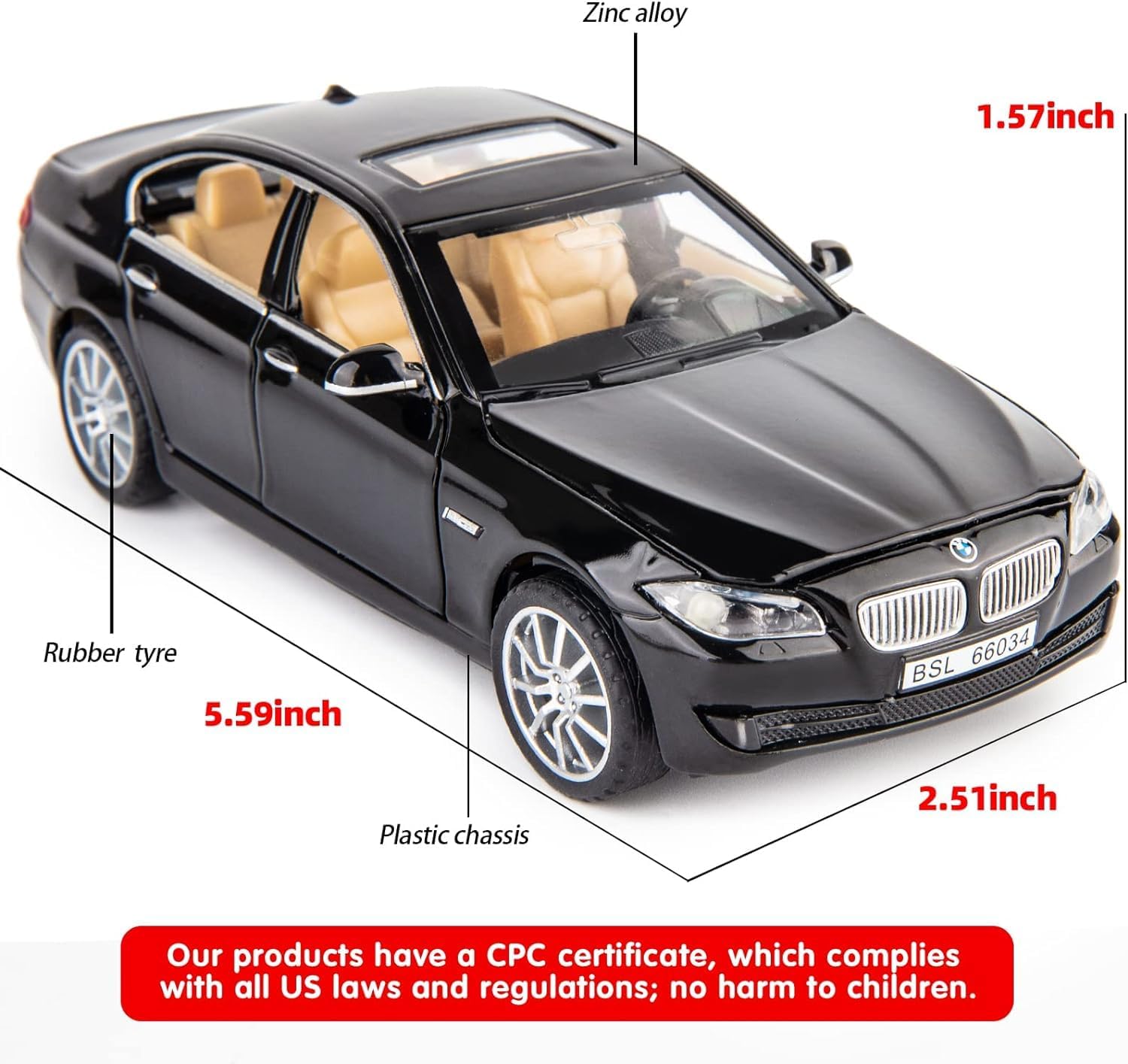 Black model car with measurements and product safety information on a white background