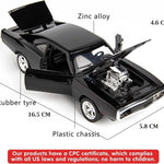 Black model car with labeled parts and dimensions on a white background