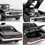 Collage of a black muscle car model with open hood and trunk on a white background