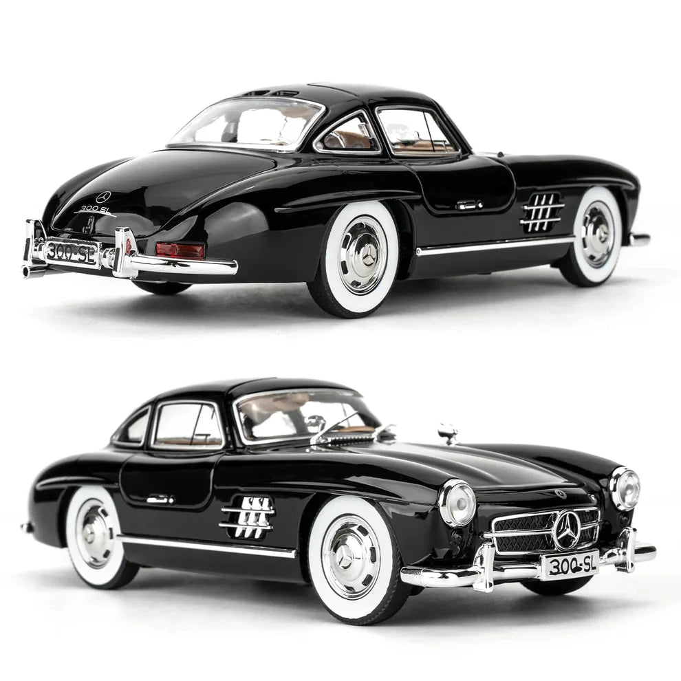 Two views of a classic black Mercedes-Benz car on a white background