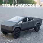 Model of Tesla Cybertruck on a road with 'TESLA CYBERTRUCK' text above.