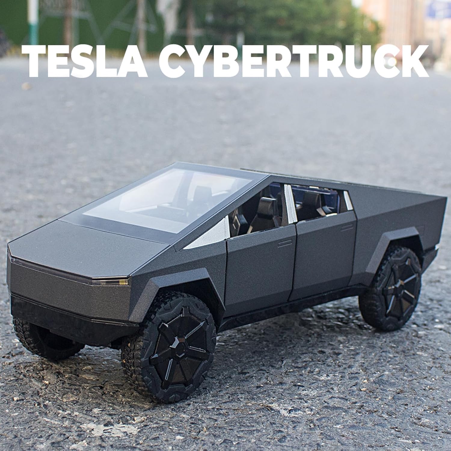 Model of Tesla Cybertruck on a road with 'TESLA CYBERTRUCK' text above.