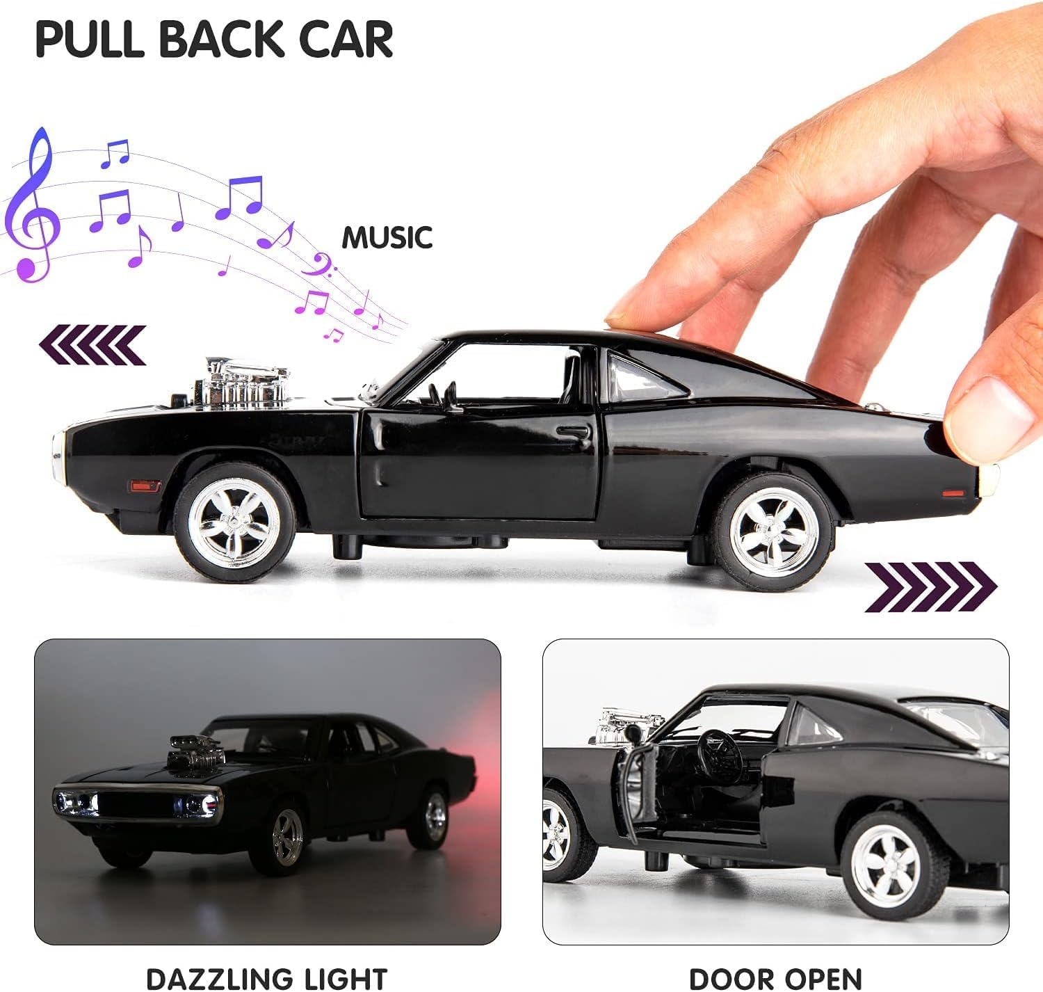 Black toy car with music, light effects, and open door feature, held by a hand.