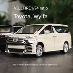 Model toy car of a Toyota Vellfire with text indicating ratio and features.