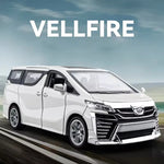 White Toyota Vellfire minivan on a road with a scenic background