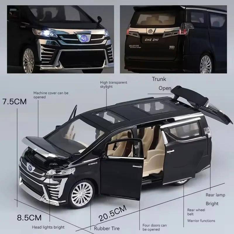 Model toy car with open doors and trunk, showing measurements and features.